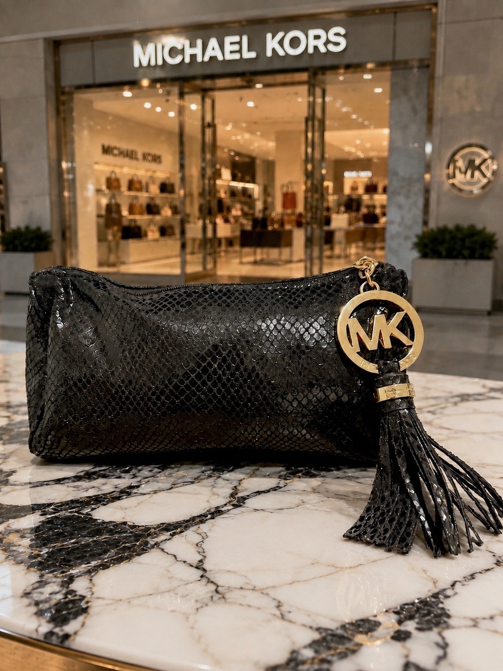 Michael Kors Black Snake-Embossed Leather Cosmetic Pouch w Gold MK Tassel EUC